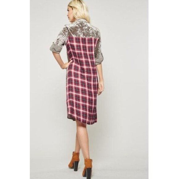 Andree By Unit Velvet Plaid Embroidered Button Shirt Dress Tunic Boho L - Picture 2 of 8